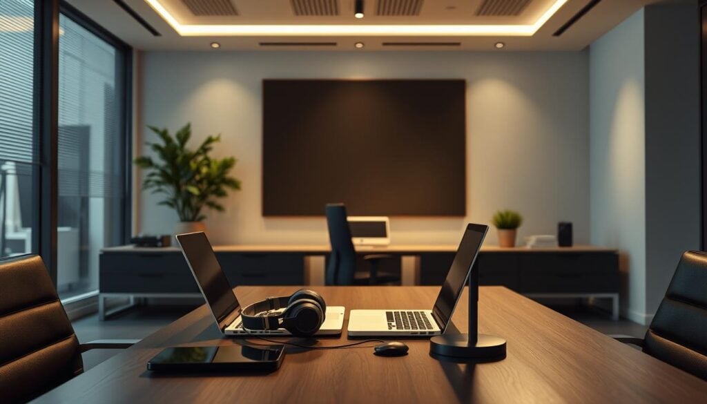 Photorealistic business scene in a modern office. Desk with a laptop, headphones, and a microphone prominently displayed, symbolizing podcast monetization strategies. Cinematic lighting casts dramatic shadows, creating a professional, high-quality atmosphere. Sleek, minimalist furniture and décor. Wide angle lens captures the entire workspace in crisp, high-resolution 8k detail. The scene conveys a sense of focus, productivity, and the potential for financial success through effective podcast monetization. Photorealistic business scene in a modern office. Desk with a laptop, headphones, and a microphone prominently displayed, symbolizing podcast monetization strategies. Cinematic lighting casts dramatic shadows, creating a professional, high-quality atmosphere. Sleek, minimalist furniture and décor. Wide angle lens captures the entire workspace in crisp, high-resolution 8k detail. The scene conveys a sense of focus, productivity, and the potential for financial success through effective podcast monetization.