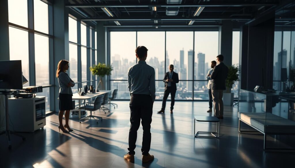 Photorealistic business scene in a modern, open-plan office space. Focused lighting casts dramatic shadows, creating a cinematic atmosphere. In the foreground, a freelancer hesitantly stands before a group of agency professionals, conveying the challenges and uncertainties of transitioning from independent work to a collaborative environment. The middle ground features sleek, minimalist furniture and equipment, hinting at the technological sophistication of the agency. The background showcases expansive windows overlooking a vibrant city skyline, suggesting the scale and ambition of the enterprise. Rendered in 8k resolution for maximum detail and impact.