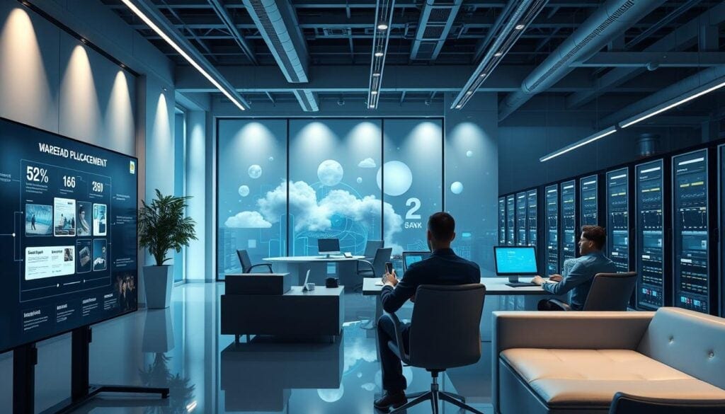 Photorealistic business scene of a modern, high-tech programmatic advertising office. Cinematic lighting illuminates various digital devices and displays showcasing BrandMag's innovative advertising channels. Sleek, minimalist furniture and architectural elements create a professional, futuristic atmosphere. The foreground features a large touchscreen panel demonstrating targeted ad placement, while the middle ground shows analysts reviewing campaign metrics on laptop screens. The background subtly depicts networked servers and cloud infrastructure supporting the complex programmatic ecosystem. 8K resolution captures every detail in stunning clarity. Photorealistic business scene of a modern, high-tech programmatic advertising office. Cinematic lighting illuminates various digital devices and displays showcasing BrandMag's innovative advertising channels. Sleek, minimalist furniture and architectural elements create a professional, futuristic atmosphere. The foreground features a large touchscreen panel demonstrating targeted ad placement, while the middle ground shows analysts reviewing campaign metrics on laptop screens. The background subtly depicts networked servers and cloud infrastructure supporting the complex programmatic ecosystem. 8K resolution captures every detail in stunning clarity.