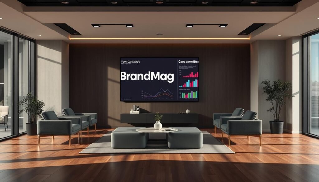 Photorealistic business scene of a modern office interior. Sleek, minimalist furniture and decor in neutral tones. Cinematic lighting with dramatic shadows and highlights, creating a professional, executive atmosphere. The BrandMag logo prominently displayed on a large wall-mounted screen. On the screen, visually compelling case study data and charts showcasing the impressive advertising results of a popular podcast. 8K resolution captures every detail, from the polished hardwood floors to the reflective surfaces of the screen. An authoritative, data-driven presentation that speaks to the value of podcast advertising.