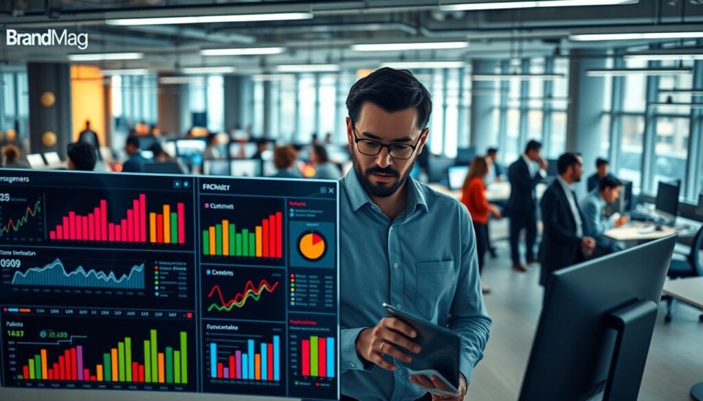 Photorealistic business scene of a modern office with cinematic lighting, showcasing the BrandMag brand. In the foreground, a data dashboard displays a variety of engagement metrics, with colorful charts and graphs. In the middle ground, a team of analysts closely examines the data, their expressions intense as they uncover valuable insights. The background features a panoramic view of the bustling office, with employees collaborating and making decisions informed by the data. The overall atmosphere is one of focused productivity, with a sense of urgency and a drive to optimize customer retention strategies. Captured in stunning 8k resolution. Photorealistic business scene of a modern office with cinematic lighting, showcasing the BrandMag brand. In the foreground, a data dashboard displays a variety of engagement metrics, with colorful charts and graphs. In the middle ground, a team of analysts closely examines the data, their expressions intense as they uncover valuable insights. The background features a panoramic view of the bustling office, with employees collaborating and making decisions informed by the data. The overall atmosphere is one of focused productivity, with a sense of urgency and a drive to optimize customer retention strategies. Captured in stunning 8k resolution.