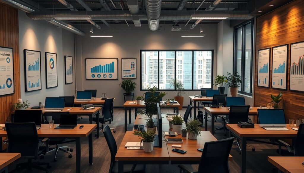 Photorealistic business scene of a modern office workspace with cinematic lighting. Neatly arranged desks and chairs, with laptops, smartphones, and office supplies creating a productive environment. Wooden accents and potted plants add warmth, while large windows let in natural light. Walls feature framed social media case studies and analytics charts, showcasing successful digital marketing strategies. The overall atmosphere is professional, inspiring, and conveys the power of data-driven social media content. Captured in 8K resolution for maximum clarity and detail.
