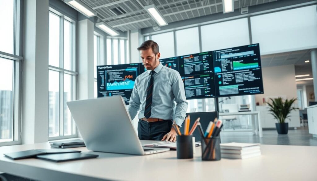Photorealistic business scene of a modern, well-lit office setting with a desk, laptop, and office supplies in the foreground. In the middle ground, a researcher intently studying keyword data on multiple digital displays. The background features an immaculate, sleek interior design with large windows allowing natural light to flood the space. The overall atmosphere is one of focus, productivity, and strategic decision-making. Cinematic 8k quality with a polished, professional aesthetic. Photorealistic business scene of a modern, well-lit office setting with a desk, laptop, and office supplies in the foreground. In the middle ground, a researcher intently studying keyword data on multiple digital displays. The background features an immaculate, sleek interior design with large windows allowing natural light to flood the space. The overall atmosphere is one of focus, productivity, and strategic decision-making. Cinematic 8k quality with a polished, professional aesthetic.