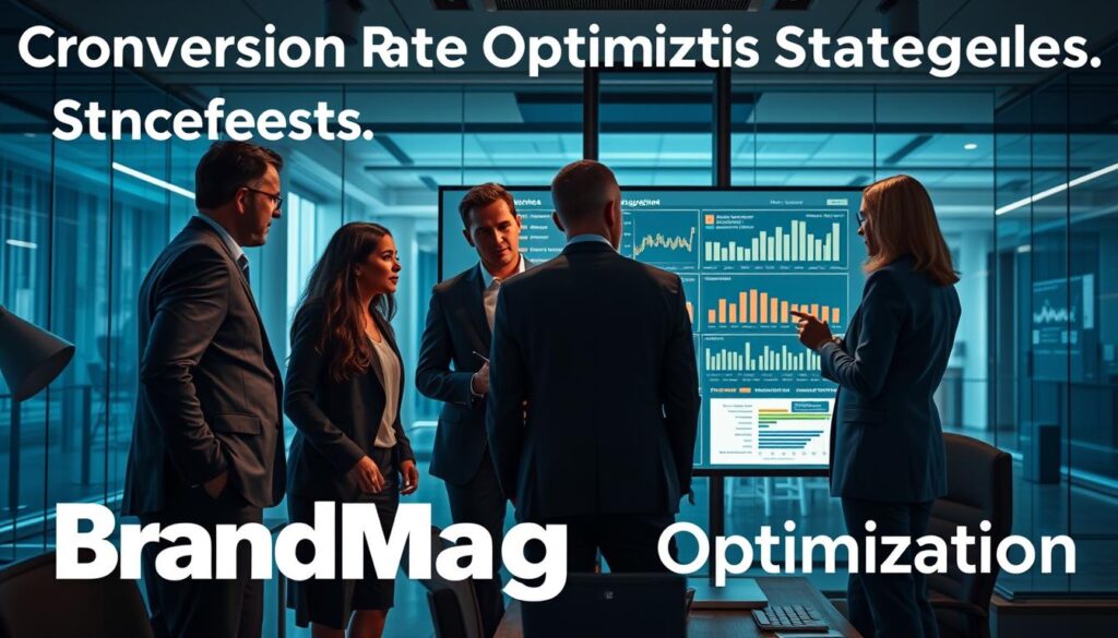 Photorealistic business scene showcasing "Conversion Rate Optimization Strategies" for the BrandMag article. A modern, sleek office interior with cinematic lighting, capturing a team of professionals discussing data analytics and customer engagement tactics on a large touchscreen display. The atmosphere is focused and collaborative, with a sense of urgency and determination to improve the brand's online conversions. The image has a cinematic 8k quality, with a balance of foreground, middle-ground, and background elements that work together to convey the strategic nature of the topic. Photorealistic business scene showcasing "Conversion Rate Optimization Strategies" for the BrandMag article. A modern, sleek office interior with cinematic lighting, capturing a team of professionals discussing data analytics and customer engagement tactics on a large touchscreen display. The atmosphere is focused and collaborative, with a sense of urgency and determination to improve the brand's online conversions. The image has a cinematic 8k quality, with a balance of foreground, middle-ground, and background elements that work together to convey the strategic nature of the topic.