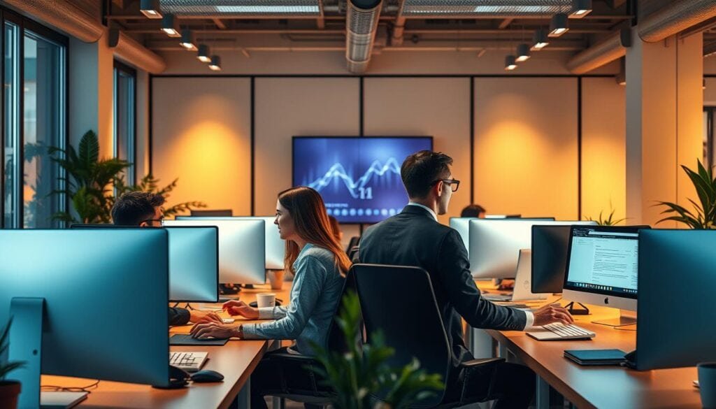 Photorealistic business scene showcasing in-house and outsourcing development teams working in a modern office. Warm, cinematic lighting illuminates the workspace, creating a professional atmosphere. Employees collaborate at their desks, gesturing towards shared screens. A central focal point contrasts the two teams, highlighting their distinct approaches. Attention to detail in the office decor, from sleek furniture to potted plants. Overall, an 8k resolution image conveying the comparative dynamics of in-house and outsourced software development. Photorealistic business scene showcasing in-house and outsourcing development teams working in a modern office. Warm, cinematic lighting illuminates the workspace, creating a professional atmosphere. Employees collaborate at their desks, gesturing towards shared screens. A central focal point contrasts the two teams, highlighting their distinct approaches. Attention to detail in the office decor, from sleek furniture to potted plants. Overall, an 8k resolution image conveying the comparative dynamics of in-house and outsourced software development.