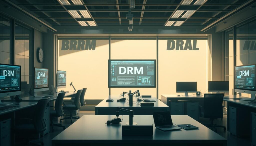 Photorealistic business setting, a modern office with sleek desks, monitors, and digital asset management software displayed on the screens. Cinematic lighting casts dramatic shadows, highlighting the integration of DRM technology. The scene conveys a sense of professionalism and efficiency, with attention to detail in the seamless interplay between digital assets and rights management systems. Captured in 8K resolution for maximum clarity and visual impact.