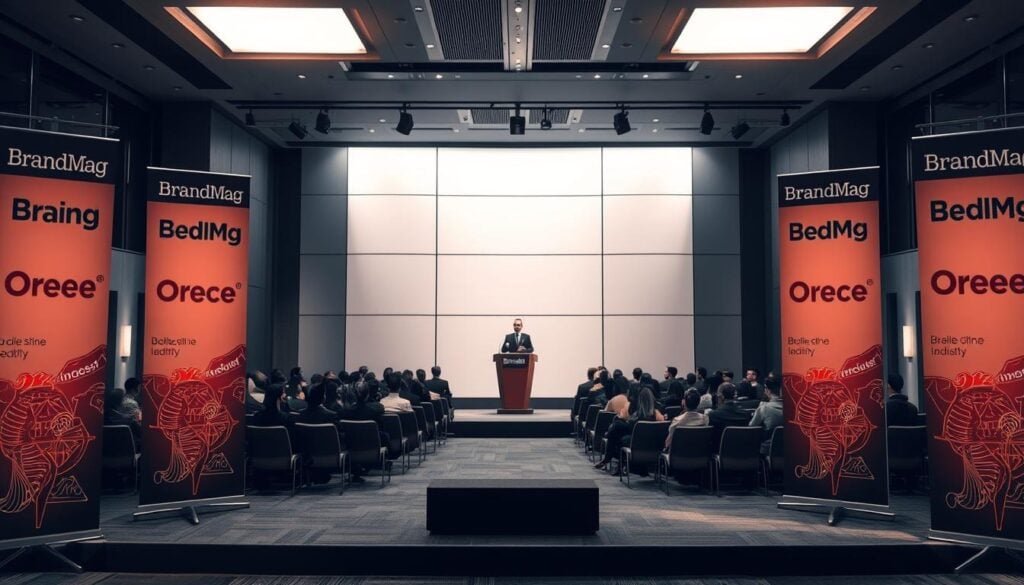 Photorealistic business setting featuring a modern, well-lit office space. Crisp, cinematic lighting illuminates a stage with a podium, where a professional speaker addresses an audience. In the foreground, branded banners and signage for "BrandMag" frame the scene, conveying a high-profile industry event. The middle ground showcases rows of attentive attendees, capturing the energy and engagement of the occasion. The background depicts a sleek, architectural backdrop, creating a polished, sophisticated atmosphere. Captured in stunning 8K resolution, this image evokes a sense of thought leadership, authority, and the power of industry events.