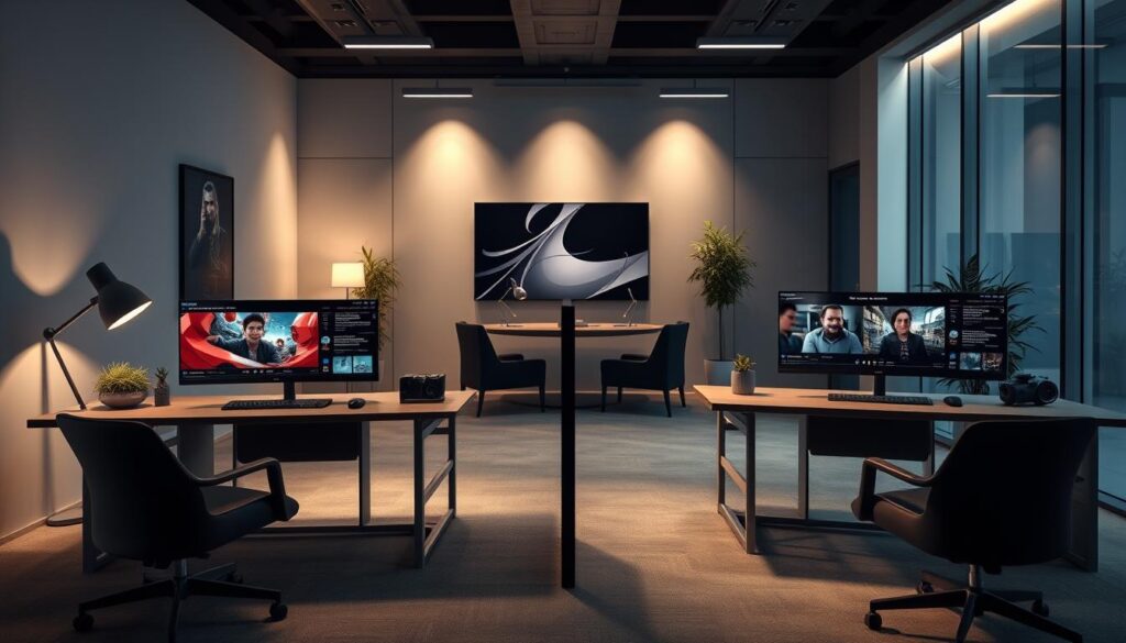 Photorealistic business setting, modern office interior with sleek furniture and minimalist decor. Two desks side-by-side, one with a free streaming app interface, the other with a premium subscription service. Cinematic lighting, dramatic shadows, and highlights accentuate the contrast. The scene conveys the difference in features, quality, and user experience between free and premium live streaming solutions for gamers and creators. Hyper-detailed, 8K resolution, no text.