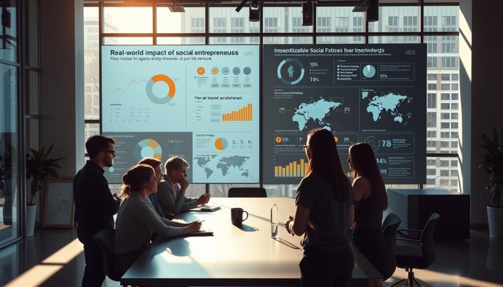 Photorealistic business setting showcasing the real-world impact of social entrepreneurship. A modern, minimalist office space with floor-to-ceiling windows, bathed in cinematic lighting that casts dramatic shadows. In the foreground, a group of people collaborating around a large table, engaged in animated discussions. Overlooking the scene, a sleek display wall showcases data visualizations and impactful infographics highlighting the quantifiable social benefits of their ventures. The overall atmosphere conveys a sense of purpose, innovation, and tangible change. Detailed, 8k resolution. Photorealistic business setting showcasing the real-world impact of social entrepreneurship. A modern, minimalist office space with floor-to-ceiling windows, bathed in cinematic lighting that casts dramatic shadows. In the foreground, a group of people collaborating around a large table, engaged in animated discussions. Overlooking the scene, a sleek display wall showcases data visualizations and impactful infographics highlighting the quantifiable social benefits of their ventures. The overall atmosphere conveys a sense of purpose, innovation, and tangible change. Detailed, 8k resolution.