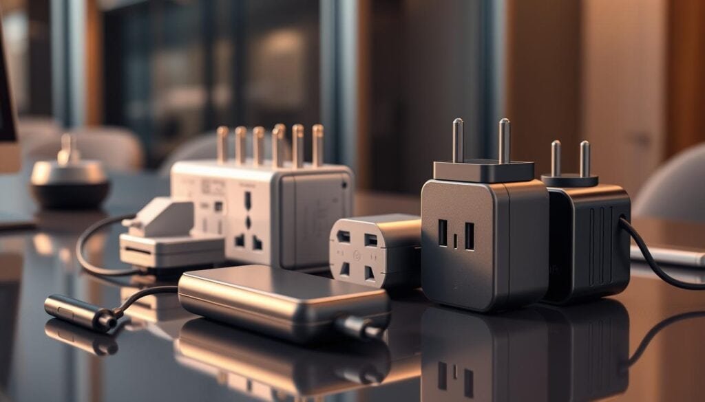 Photorealistic business travel adapter charging solution on a modern office desk, backlit with cinematic warm lighting. Sleek, elegant USB hubs, power plugs, and international adapters neatly arranged with clean lines and symmetry. Metallic and matte finishes in muted tones, with a subtle reflection on the polished desk surface. Depth of field blurs the background, keeping the gadgets in sharp focus. Staged for an 8K resolution product shot, capturing the essential tech gear for the discerning business traveler. Photorealistic business travel adapter charging solution on a modern office desk, backlit with cinematic warm lighting. Sleek, elegant USB hubs, power plugs, and international adapters neatly arranged with clean lines and symmetry. Metallic and matte finishes in muted tones, with a subtle reflection on the polished desk surface. Depth of field blurs the background, keeping the gadgets in sharp focus. Staged for an 8K resolution product shot, capturing the essential tech gear for the discerning business traveler.