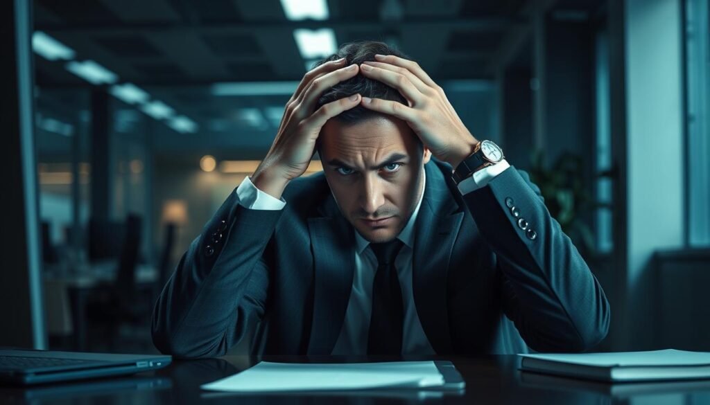 Photorealistic businessman in a modern office, sitting at a desk with a concerned expression, hands on his head. Cinematic lighting casts dramatic shadows, highlighting the tension in his body language. The background blurs to a dimly lit workspace, conveying a sense of isolation and stress. Meticulously detailed textures, 8K resolution, no text or distractions.