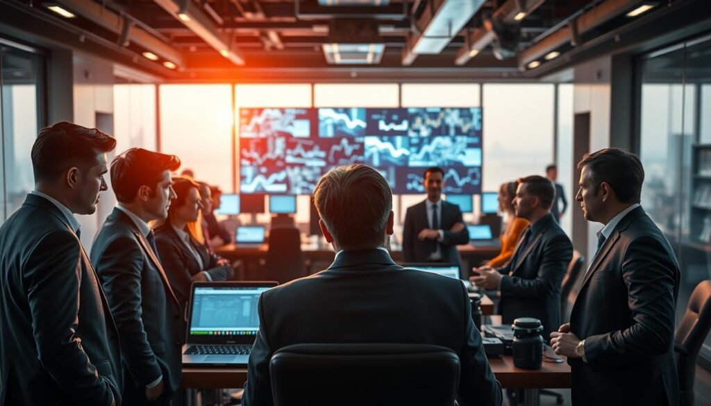 Photorealistic, cinematic image of a modern office interior showcasing the core characteristics of angel investors and venture capitalists. In the foreground, a group of well-dressed professionals engaged in a discussion, conveying an atmosphere of focused deliberation. The middle ground features an array of high-tech devices and screens, symbolizing the analytical and data-driven nature of their decision-making. The background is bathed in warm, dramatic lighting, creating a sense of prestige and exclusivity. The overall scene captures the essence of the business world, where savvy investors carefully evaluate opportunities and determine the future of innovative startups. Detailed, 8k resolution.