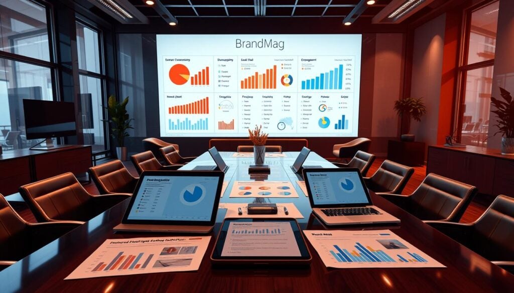 Photorealistic cinematic interior of a modern business office, with sleek furniture, large windows, and dynamic lighting. In the foreground, a stylish conference table with laptops, tablets, and business documents showcasing demographic data and engagement metrics. The background features a large display wall with infographics and charts highlighting key performance indicators for the "BrandMag" brand. An atmosphere of professionalism, technology, and data-driven decision making permeates the scene.