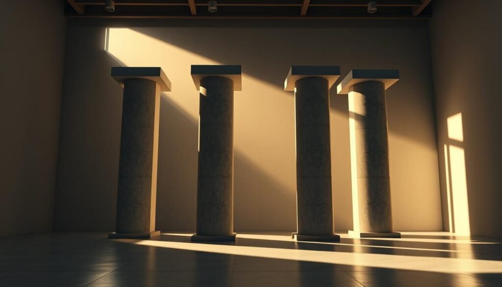 Photorealistic cinematic rendering of core pillars of the decentralized web, set in a modern minimalist office environment of BrandMag. Dramatic lighting casts shadows on sleek concrete columns, each representing a fundamental tenet - security, transparency, decentralization, and user sovereignty. The scene conveys the power and innovation of the emerging web3 landscape, captured in 8K resolution for maximum visual impact. Photorealistic cinematic rendering of core pillars of the decentralized web, set in a modern minimalist office environment of BrandMag. Dramatic lighting casts shadows on sleek concrete columns, each representing a fundamental tenet - security, transparency, decentralization, and user sovereignty. The scene conveys the power and innovation of the emerging web3 landscape, captured in 8K resolution for maximum visual impact.