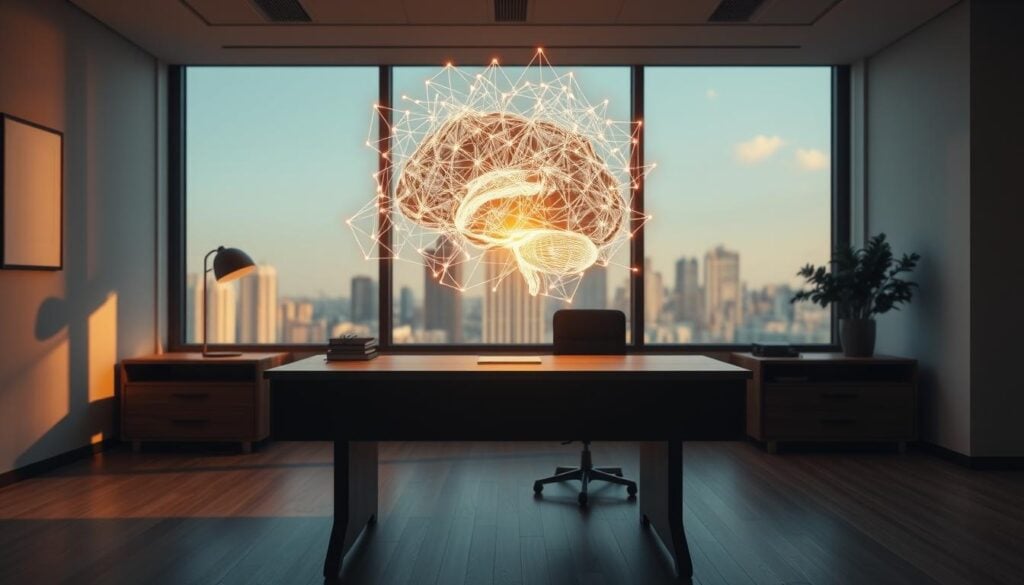 Photorealistic cinematic scene of a modern office interior with a glowing neural network visualization hovering above a wooden desk. The network pulsates with dynamic energy, representing the growth and interconnectivity of neurological activity associated with a growth mindset. Warm, directional lighting casts dramatic shadows, creating a contemplative atmosphere. The desk is uncluttered, placing the neural network as the focal point. A large window in the background provides a view of a cityscape, suggesting the broader impact of this cognitive development. Precise details, high depth of field, and 8K resolution for a professional, impactful illustration.