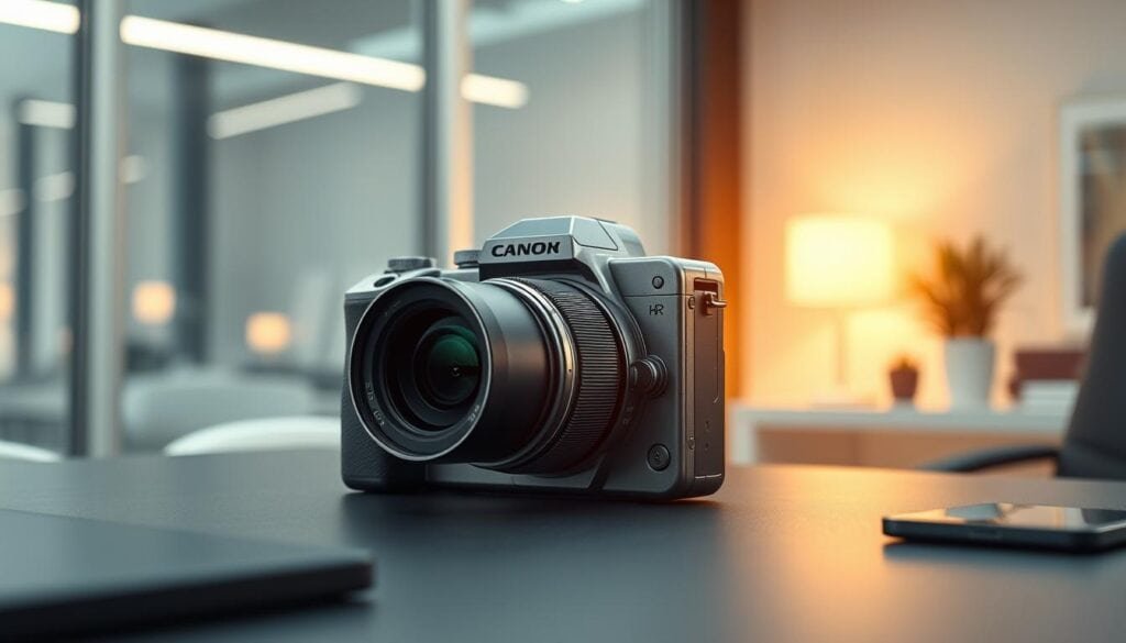 Photorealistic, compact and lightweight digital camera design with a modern, sleek aesthetic. The camera is situated on a minimalist desk in a contemporary office setting, bathed in cinematic lighting. The body features a premium metallic finish, with a compact, ergonomic form factor. The lens has a wide aperture for shallow depth of field, and the camera is equipped with advanced 8K video recording capabilities. The overall mood is one of innovation, precision, and high-end functionality.