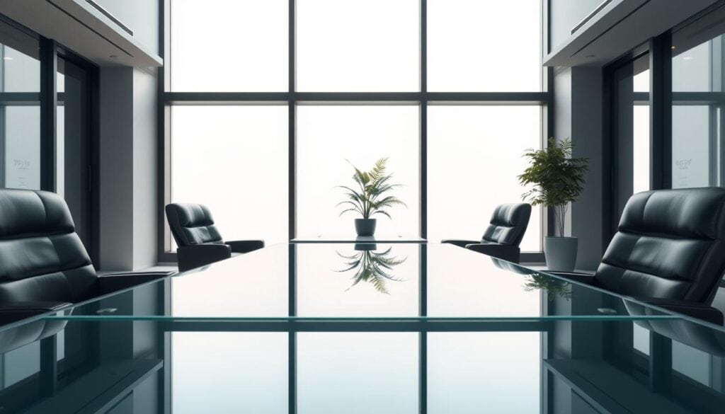 Photorealistic corporate office interior with modern minimalist design. Sleek glass and steel desk in the foreground, reflecting the clean lines and natural lighting from large windows in the background. Elegant leather chairs around the desk, and a potted plant adding a touch of nature. Cinematic 8K lighting creates a sense of professionalism and authority, while the overall atmosphere conveys a mood of diligence, compliance, and responsible governance.