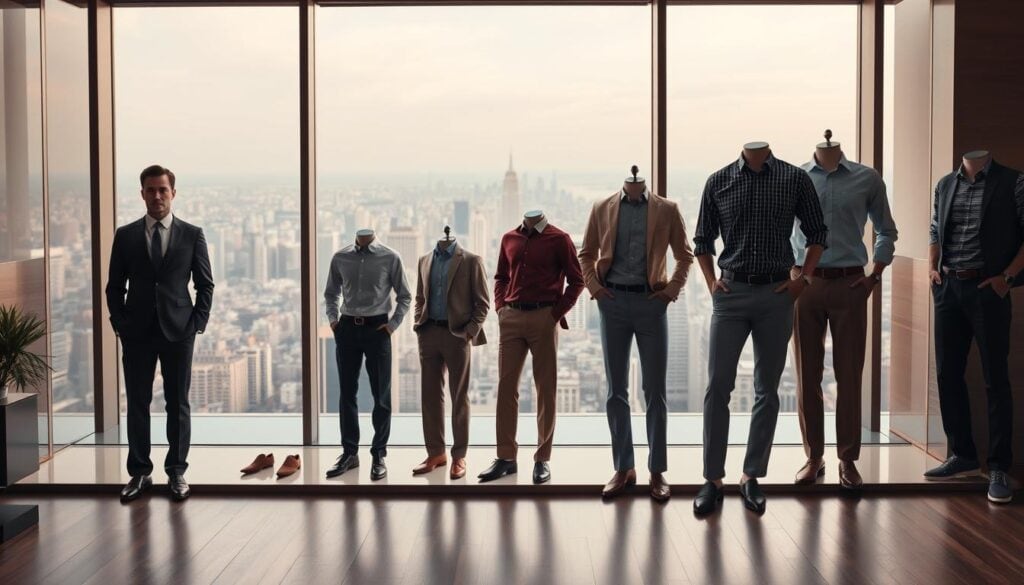 Photorealistic evolution of business casual attire for men, showcased in a modern, sleekly designed office setting. In the foreground, a well-dressed professional stands, his ensemble transitioning from a classic suit to a more relaxed, yet polished, button-down and chinos. The middle ground features a timeline of business casual fashion, with outfits spanning the decades. In the background, a large window overlooks a bustling city skyline, bathed in warm, cinematic lighting that creates a sense of timeless sophistication. The scene captures the gradual, stylish transformation of professional menswear, reflecting the changing workplace culture and personal expression. 8k resolution. Photorealistic evolution of business casual attire for men, showcased in a modern, sleekly designed office setting. In the foreground, a well-dressed professional stands, his ensemble transitioning from a classic suit to a more relaxed, yet polished, button-down and chinos. The middle ground features a timeline of business casual fashion, with outfits spanning the decades. In the background, a large window overlooks a bustling city skyline, bathed in warm, cinematic lighting that creates a sense of timeless sophistication. The scene captures the gradual, stylish transformation of professional menswear, reflecting the changing workplace culture and personal expression. 8k resolution.