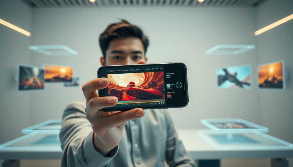 Photorealistic future office with state-of-the-art mobile devices showcasing advanced video editing capabilities. In the foreground, a sleek smartphone held by a young professional, the screen displaying a vibrant, cinematic video edit. Surrounding them, a minimalist workspace with floating holographic displays, seamlessly integrating the latest video processing technology. Soft, directional lighting creates a futuristic, high-tech atmosphere, highlighting the advanced mobile tools and the user's focused expression. The scene conveys a sense of innovation, productivity, and the boundless potential of mobile video editing in the years to come. Photorealistic future office with state-of-the-art mobile devices showcasing advanced video editing capabilities. In the foreground, a sleek smartphone held by a young professional, the screen displaying a vibrant, cinematic video edit. Surrounding them, a minimalist workspace with floating holographic displays, seamlessly integrating the latest video processing technology. Soft, directional lighting creates a futuristic, high-tech atmosphere, highlighting the advanced mobile tools and the user's focused expression. The scene conveys a sense of innovation, productivity, and the boundless potential of mobile video editing in the years to come.