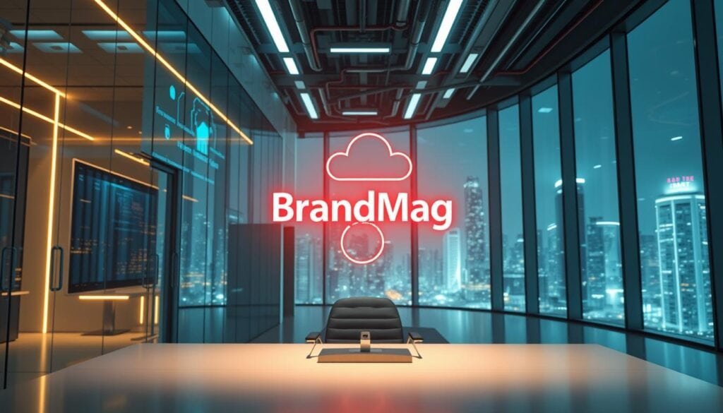 Photorealistic futuristic office interior, cinematic 8k. Sleek glass walls and holographic displays, LED lights casting a warm glow. In the foreground, the BrandMag logo hovers above a minimalist desk, surrounded by floating productivity tools. Elaborate cables and servers in the middle ground, connected to the cloud. In the background, large windows reveal a bustling metropolis skyline, symbolizing the scale and interconnectivity of the marketing infrastructure. The scene conveys a sense of innovation, efficiency, and technological advancement, reflecting the article's theme of future-proofing marketing efforts. Photorealistic futuristic office interior, cinematic 8k. Sleek glass walls and holographic displays, LED lights casting a warm glow. In the foreground, the BrandMag logo hovers above a minimalist desk, surrounded by floating productivity tools. Elaborate cables and servers in the middle ground, connected to the cloud. In the background, large windows reveal a bustling metropolis skyline, symbolizing the scale and interconnectivity of the marketing infrastructure. The scene conveys a sense of innovation, efficiency, and technological advancement, reflecting the article's theme of future-proofing marketing efforts.
