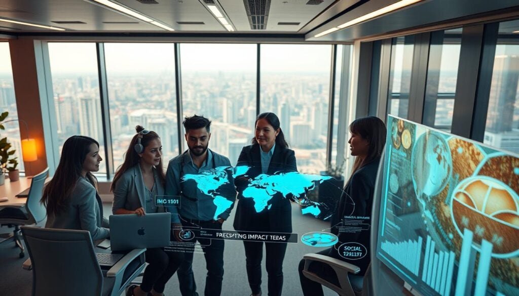 Photorealistic futuristic office space, filled with sleek, ergonomic furniture and state-of-the-art technology. Cinematic lighting casts a warm, inviting glow, with floor-to-ceiling windows offering a panoramic view of a bustling cityscape. In the foreground, a diverse team of social entrepreneurs collaborates on innovative projects, their faces alight with determination and passion. The middle ground showcases an interactive holographic display, visualizing global impact data and emerging trends in the field of social innovation. The background subtly hints at a sustainable, eco-conscious future, with renewable energy sources and environmentally-friendly design elements. An air of optimism and possibility permeates the scene, reflecting the transformative potential of social entrepreneurship. Photorealistic futuristic office space, filled with sleek, ergonomic furniture and state-of-the-art technology. Cinematic lighting casts a warm, inviting glow, with floor-to-ceiling windows offering a panoramic view of a bustling cityscape. In the foreground, a diverse team of social entrepreneurs collaborates on innovative projects, their faces alight with determination and passion. The middle ground showcases an interactive holographic display, visualizing global impact data and emerging trends in the field of social innovation. The background subtly hints at a sustainable, eco-conscious future, with renewable energy sources and environmentally-friendly design elements. An air of optimism and possibility permeates the scene, reflecting the transformative potential of social entrepreneurship.