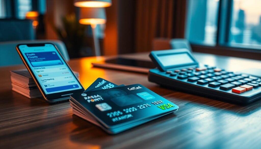 Photorealistic, high-resolution image of a modern business office desktop, with a stack of credit cards, a smartphone displaying a credit card points tracking app, and a calculator showing financial calculations. The scene is bathed in warm, cinematic lighting, creating a professional and sophisticated atmosphere. The composition emphasizes the strategic use of credit card points, with the various elements arranged in a visually appealing layout. The image conveys the idea of an insider's guide to maximizing travel rewards through effective credit card management. Photorealistic, high-resolution image of a modern business office desktop, with a stack of credit cards, a smartphone displaying a credit card points tracking app, and a calculator showing financial calculations. The scene is bathed in warm, cinematic lighting, creating a professional and sophisticated atmosphere. The composition emphasizes the strategic use of credit card points, with the various elements arranged in a visually appealing layout. The image conveys the idea of an insider's guide to maximizing travel rewards through effective credit card management.