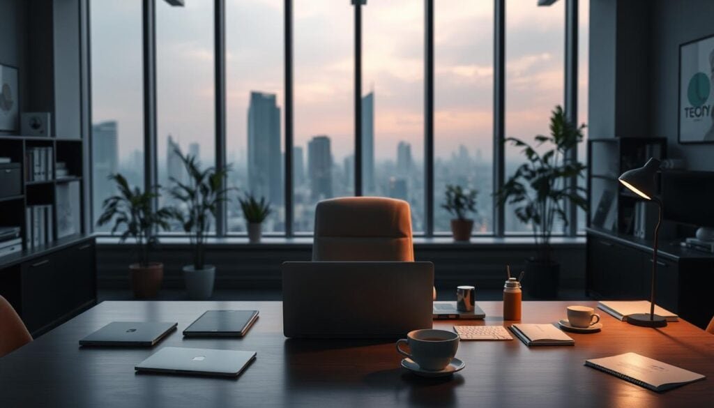 Photorealistic image of a modern office interior with cinematic lighting and expert sleep tips for productivity. A large desk in the foreground features a laptop, a cup of coffee, and various office supplies. The middle ground showcases a comfortable-looking chair and a potted plant, while the background reveals a large window overlooking a cityscape. The overall mood is professional and productive, with a focus on sleep-related tips and tricks to enhance work efficiency. Captured in 8k resolution.