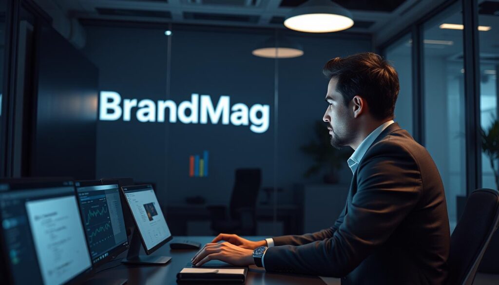 Photorealistic image of a modern office interior with cinematic lighting, showcasing a focused and determined person conducting targeted local keyword research on a large computer display. The scene is set in a professional business environment with the BrandMag logo prominently displayed. The image should convey a sense of strategic planning and data-driven decision making, with clean, minimalist design elements and a polished, high-quality aesthetic. Captured in 8k resolution for maximum detail and clarity. Photorealistic image of a modern office interior with cinematic lighting, showcasing a focused and determined person conducting targeted local keyword research on a large computer display. The scene is set in a professional business environment with the BrandMag logo prominently displayed. The image should convey a sense of strategic planning and data-driven decision making, with clean, minimalist design elements and a polished, high-quality aesthetic. Captured in 8k resolution for maximum detail and clarity.