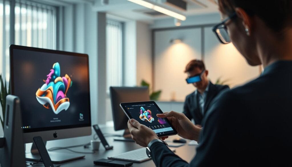 Photorealistic image of a modern office setting, showcasing the benefits of augmented reality filters. In the foreground, a computer monitor displays an AR-enhanced image of a product with vibrant colors and dynamic 3D elements. In the middle ground, a designer uses a tablet to apply virtual overlays, creating engaging social media content. Soft, cinematic lighting illuminates the scene, emphasizing the sleek, professional atmosphere. The background features clean, minimalist decor, with subtle hints of technology seamlessly integrated. Captured in 8K resolution for maximum visual impact, this image highlights how AR filters can elevate brand experiences and empower creators to deliver captivating, immersive content.