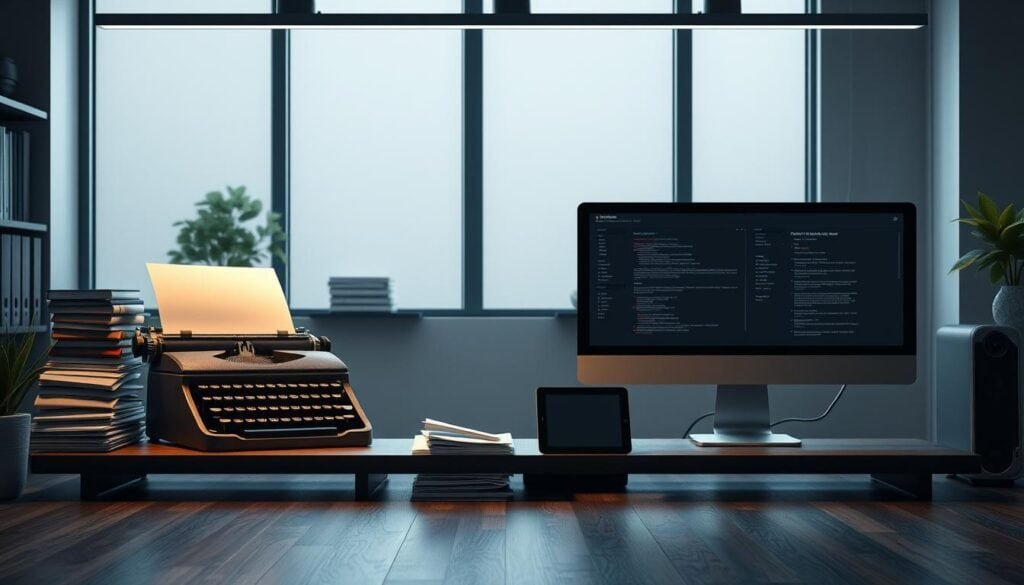 Photorealistic image of a modern office space with a traditional press release platform and a sleek digital press release platform side-by-side. The traditional platform has a classic typewriter and stacks of paper, while the digital platform features a minimalist computer setup and tablet. Cinematic lighting illuminates the scene, creating a sense of contrast between the old and the new. The image captures the essence of the "Comparing Traditional Wire Services with Modern Digital Platforms" section, showcasing the evolution of press release distribution. 8k resolution, no text.