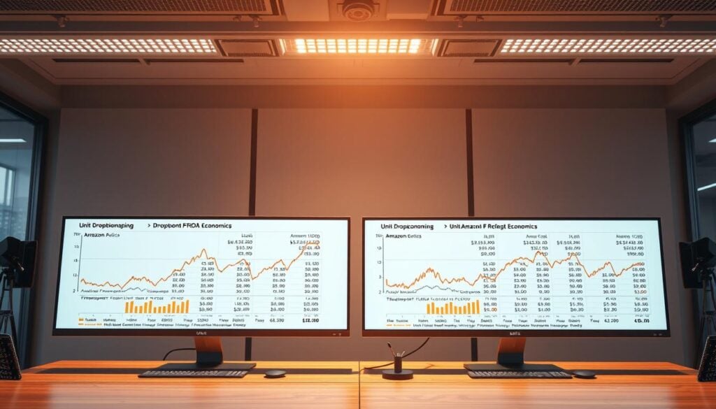 Photorealistic image of a modern office space with cinematic lighting, showcasing a detailed side-by-side comparison of unit economics and profit margins for dropshipping and Amazon FBA business models. Crisp 8K resolution captures the intricate financial data displayed on sleek digital screens, providing a comprehensive and visually compelling analysis for the article's "Unit Economics and ROI Comparison" section. The scene exudes a professional, data-driven atmosphere, allowing the reader to clearly understand the key differences in profitability between the two ecommerce strategies. Photorealistic image of a modern office space with cinematic lighting, showcasing a detailed side-by-side comparison of unit economics and profit margins for dropshipping and Amazon FBA business models. Crisp 8K resolution captures the intricate financial data displayed on sleek digital screens, providing a comprehensive and visually compelling analysis for the article's "Unit Economics and ROI Comparison" section. The scene exudes a professional, data-driven atmosphere, allowing the reader to clearly understand the key differences in profitability between the two ecommerce strategies.