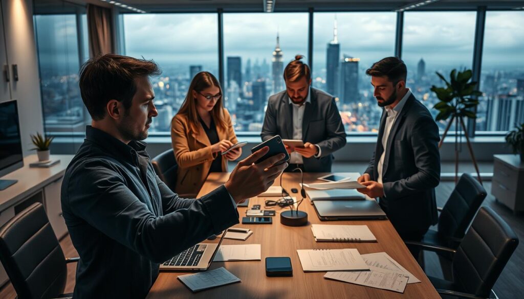 Photorealistic image of a modern, well-equipped office space with sleek furniture and clean lines. Cinematic lighting casts dramatic shadows, highlighting a central desk with a laptop, tablet, and various business documents. In the foreground, a frustrated customer holds a defective product, their expression conveying disappointment. The middle ground features a team of professionals closely examining the item, brows furrowed in concentration. The background showcases a panoramic view of the city skyline, suggesting the broader context of the startup's challenges. Rendered in vivid detail at 8k resolution, no text overlay. Photorealistic image of a modern, well-equipped office space with sleek furniture and clean lines. Cinematic lighting casts dramatic shadows, highlighting a central desk with a laptop, tablet, and various business documents. In the foreground, a frustrated customer holds a defective product, their expression conveying disappointment. The middle ground features a team of professionals closely examining the item, brows furrowed in concentration. The background showcases a panoramic view of the city skyline, suggesting the broader context of the startup's challenges. Rendered in vivid detail at 8k resolution, no text overlay.