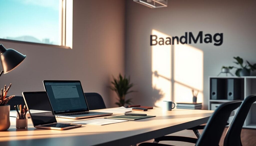 Photorealistic image of a modern, well-lit office space displaying a "Local SEO Checklist 2025: Essential Action Steps" concept. The scene features a sleek, minimalist desk with a laptop, smartphone, and various office supplies. Cinematic lighting casts warm, directional shadows, creating a professional, business-focused atmosphere. In the background, the BrandMag logo is subtly displayed on the wall, indicating this content is from their publication. Detailed, high-resolution, 8k quality. Photorealistic image of a modern, well-lit office space displaying a "Local SEO Checklist 2025: Essential Action Steps" concept. The scene features a sleek, minimalist desk with a laptop, smartphone, and various office supplies. Cinematic lighting casts warm, directional shadows, creating a professional, business-focused atmosphere. In the background, the BrandMag logo is subtly displayed on the wall, indicating this content is from their publication. Detailed, high-resolution, 8k quality.