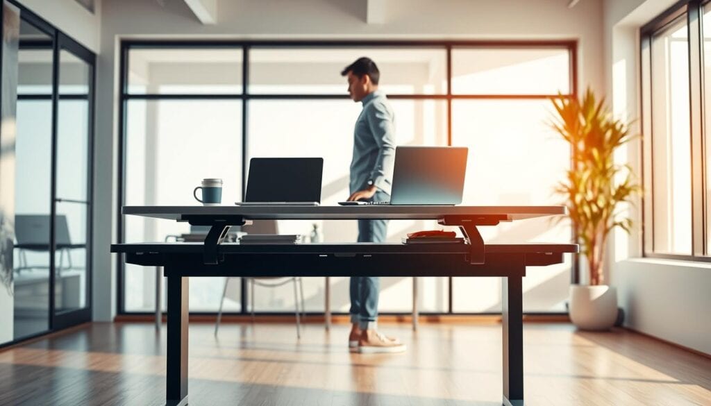 Photorealistic image of a modern, well-lit office space showcasing the benefits of a standing desk. In the foreground, an ergonomic standing desk with a sleek, minimalist design takes center stage. Atop the desk, a laptop, a cup of coffee, and a few carefully placed office supplies create a visually appealing and productive workspace. The middle ground features a person standing at the desk, their posture upright and engaged, highlighting the improved posture and energy levels associated with using a standing desk. The background depicts a clean, contemporary office setting with large windows, allowing natural light to flood the space and create a warm, inviting atmosphere. The overall scene conveys the health and productivity advantages of incorporating a standing desk into a modern office environment. Photorealistic image of a modern, well-lit office space showcasing the benefits of a standing desk. In the foreground, an ergonomic standing desk with a sleek, minimalist design takes center stage. Atop the desk, a laptop, a cup of coffee, and a few carefully placed office supplies create a visually appealing and productive workspace. The middle ground features a person standing at the desk, their posture upright and engaged, highlighting the improved posture and energy levels associated with using a standing desk. The background depicts a clean, contemporary office setting with large windows, allowing natural light to flood the space and create a warm, inviting atmosphere. The overall scene conveys the health and productivity advantages of incorporating a standing desk into a modern office environment.