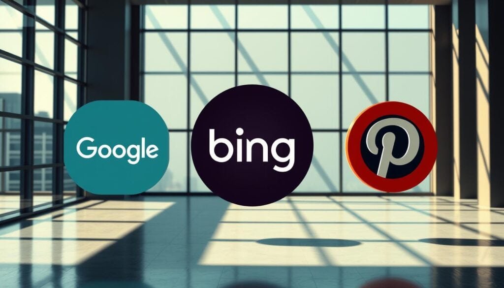 Photorealistic image of three prominent visual search providers - Google, Bing, and Pinterest - presented in a modern, cinematic business setting. A sleek, minimalist office space with large windows and soft, directional lighting creating dramatic shadows. The three brand logos float in midair, subtly illuminated, as the centerpiece of the composition. The overall mood is one of technological sophistication and innovation, reflecting the importance of visual search in the digital landscape. BrandMag.