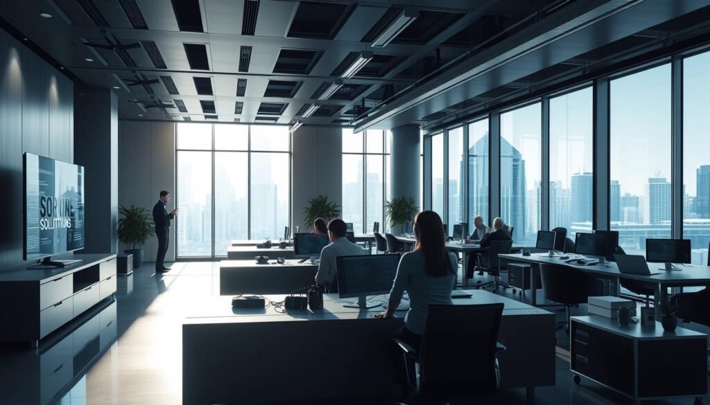 Photorealistic interior of a modern business office, bathed in cinematic lighting. Sleek, minimalist furniture and equipment, with clean lines and a sophisticated palette of grays, whites, and blacks. In the foreground, a large touchscreen display showcases innovative software solutions, symbolizing the power of technology to drive positive social change. The middle ground features collaborative workspaces, where teams of diverse individuals work together, leveraging cutting-edge tools to address pressing social issues. In the background, floor-to-ceiling windows offer a glimpse of a vibrant, technology-driven cityscape, hinting at the broader impact of these social entrepreneurship efforts. Highly detailed, 8k resolution. Photorealistic interior of a modern business office, bathed in cinematic lighting. Sleek, minimalist furniture and equipment, with clean lines and a sophisticated palette of grays, whites, and blacks. In the foreground, a large touchscreen display showcases innovative software solutions, symbolizing the power of technology to drive positive social change. The middle ground features collaborative workspaces, where teams of diverse individuals work together, leveraging cutting-edge tools to address pressing social issues. In the background, floor-to-ceiling windows offer a glimpse of a vibrant, technology-driven cityscape, hinting at the broader impact of these social entrepreneurship efforts. Highly detailed, 8k resolution.