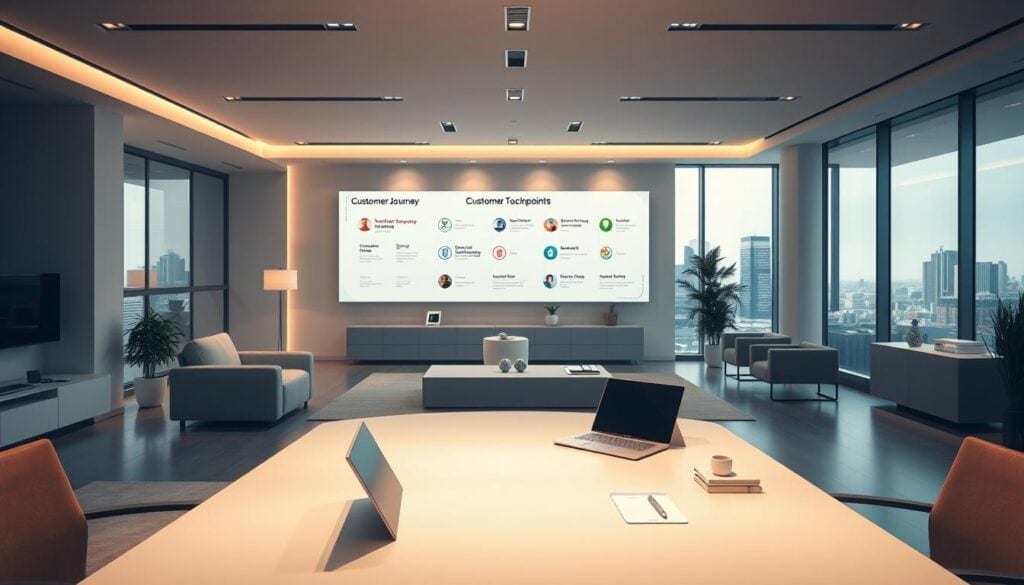 Photorealistic interior of a modern, minimalist office space with clean lines and a focus on customer experience. Warm, cinematic lighting casts a soft glow, highlighting the sleek furniture and carefully curated branding elements. A large, curved desk in the foreground serves as the centerpiece, with a laptop, tablet, and branded stationery neatly arranged. The middle ground features a wall display showcasing various customer journey touchpoints, while the background reveals floor-to-ceiling windows overlooking a vibrant city skyline. The overall atmosphere conveys a sense of professionalism, attention to detail, and a strong commitment to delivering an exceptional customer experience. Photorealistic interior of a modern, minimalist office space with clean lines and a focus on customer experience. Warm, cinematic lighting casts a soft glow, highlighting the sleek furniture and carefully curated branding elements. A large, curved desk in the foreground serves as the centerpiece, with a laptop, tablet, and branded stationery neatly arranged. The middle ground features a wall display showcasing various customer journey touchpoints, while the background reveals floor-to-ceiling windows overlooking a vibrant city skyline. The overall atmosphere conveys a sense of professionalism, attention to detail, and a strong commitment to delivering an exceptional customer experience.