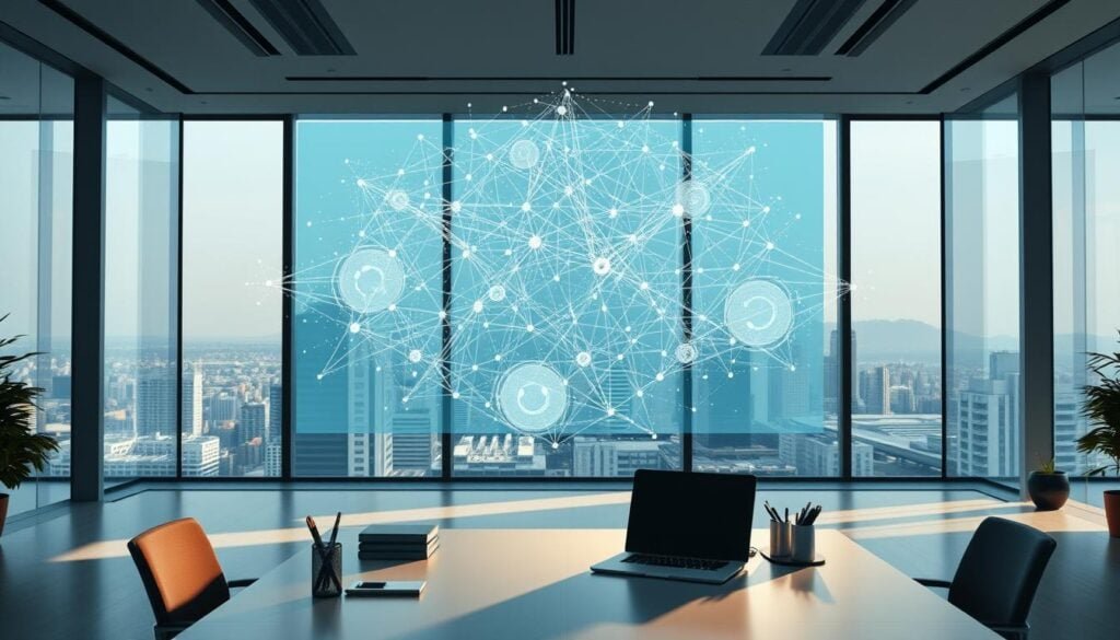 Photorealistic interior of a modern, minimalist office space. At the center, a large holographic display showcases intricate AI algorithms visualized as a network of interconnected nodes and lines, pulsing with energy. Soft, cinematic lighting casts dramatic shadows, creating a sense of depth and technology. In the foreground, a sleek desk with a laptop and various office supplies, hinting at the practical application of these AI tools. The background features expansive windows, offering a view of a bustling cityscape. The overall atmosphere is one of technological innovation and sophisticated content verification capabilities. Photorealistic interior of a modern, minimalist office space. At the center, a large holographic display showcases intricate AI algorithms visualized as a network of interconnected nodes and lines, pulsing with energy. Soft, cinematic lighting casts dramatic shadows, creating a sense of depth and technology. In the foreground, a sleek desk with a laptop and various office supplies, hinting at the practical application of these AI tools. The background features expansive windows, offering a view of a bustling cityscape. The overall atmosphere is one of technological innovation and sophisticated content verification capabilities.