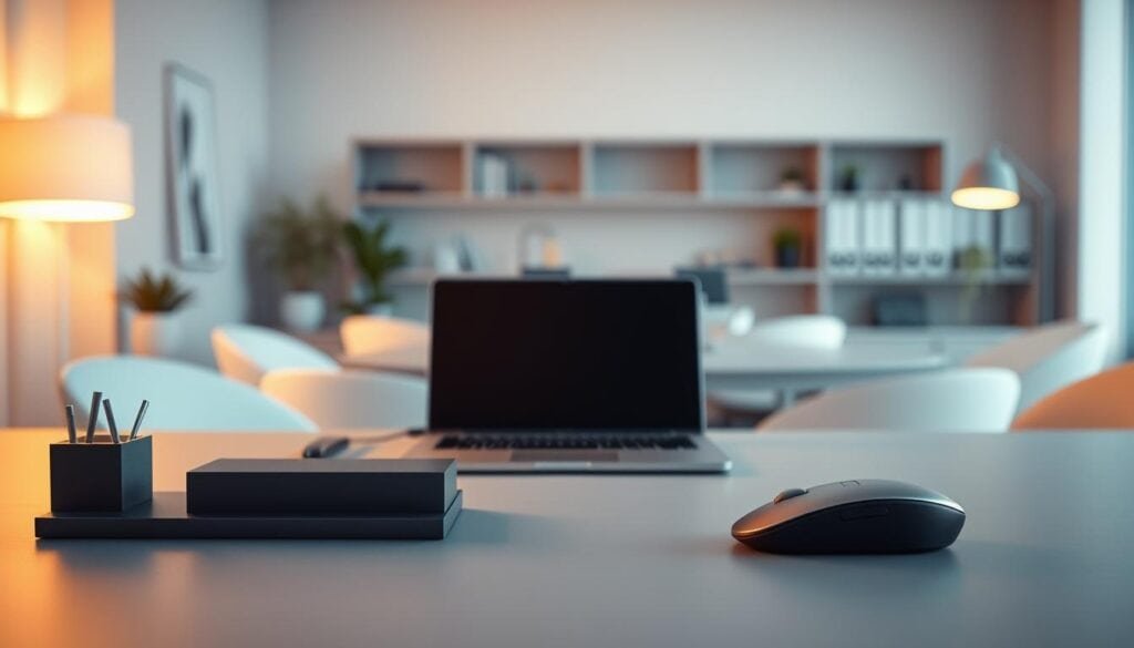 Photorealistic, minimalist office desktop with sleek, modern accessories. Elegant workspace with a clean, uncluttered layout featuring a laptop, wireless mouse, and a simple, minimal desk organizer in the foreground. Warm, cinematic lighting illuminates the scene, creating a calming, productive atmosphere. Blurred background showcases a minimalist office environment. Captured in 8K resolution for exceptional detail and clarity.