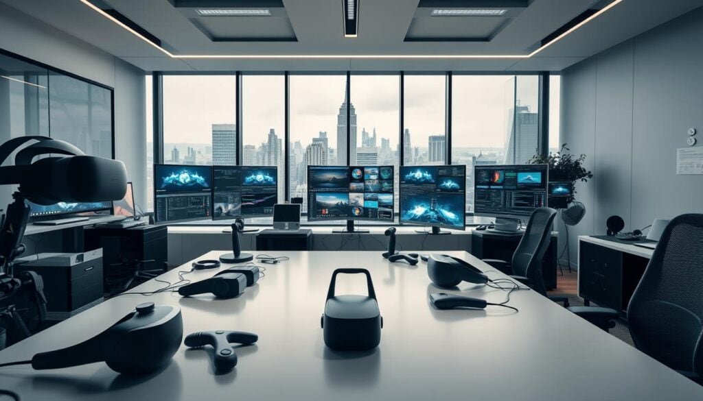Photorealistic modern VR development office with cinematic lighting. In the foreground, an array of advanced VR headsets, motion controllers, and tracking sensors are neatly arranged on a sleek, minimalist desk. The middle ground features various high-end VR development software running on multiple high-resolution displays, showcasing 3D modeling, game engine tools, and immersive programming environments. In the background, a large, panoramic window offers a view of a bustling cityscape, highlighting the integration of VR technology in the contemporary business landscape. The overall scene conveys a sense of cutting-edge innovation, technological sophistication, and the future of virtual reality development.