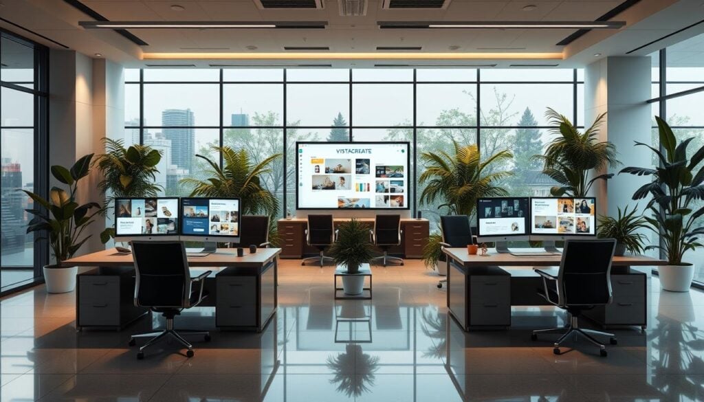 Photorealistic modern office interior, cinematic lighting illuminating sleek workstations and digital displays showcasing VistaCreate's versatile design templates. Elegant corporate atmosphere with lush greenery, neutral tones, and a focus on the software's intuitive interface and extensive template library. The scene conveys VistaCreate's power to elevate social media and print designs through its powerful yet user-friendly design tools. Captured in high detail and resolution, the image reflects the software's versatility and appeal to creative professionals. Photorealistic modern office interior, cinematic lighting illuminating sleek workstations and digital displays showcasing VistaCreate's versatile design templates. Elegant corporate atmosphere with lush greenery, neutral tones, and a focus on the software's intuitive interface and extensive template library. The scene conveys VistaCreate's power to elevate social media and print designs through its powerful yet user-friendly design tools. Captured in high detail and resolution, the image reflects the software's versatility and appeal to creative professionals.