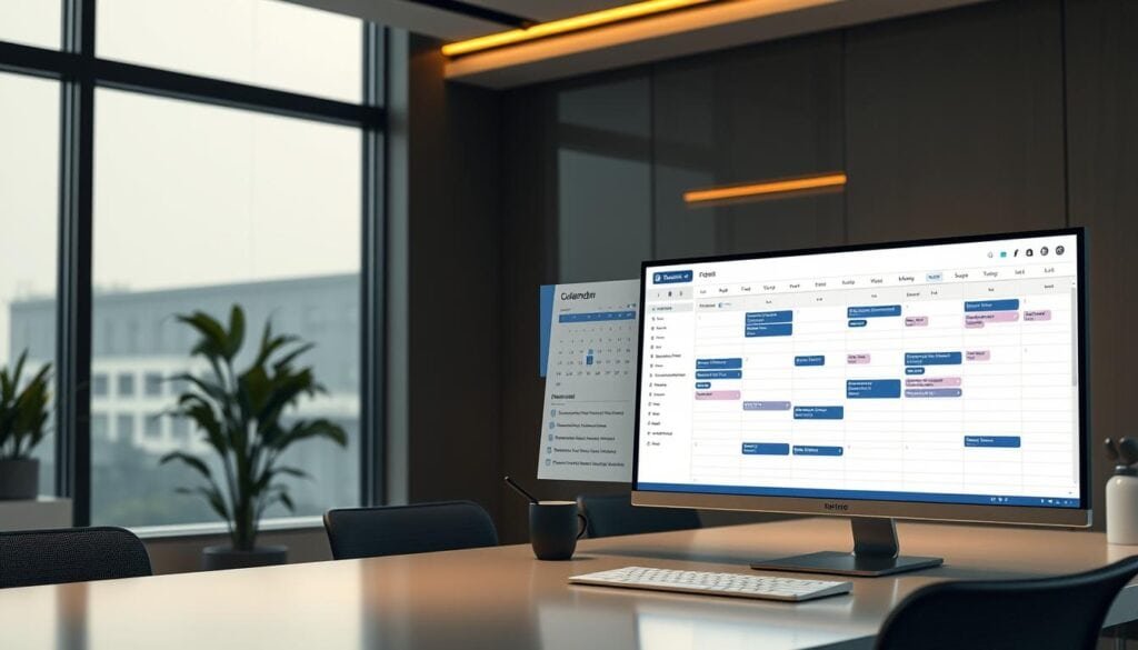 Photorealistic modern office interior with a flexible content calendar displayed on multiple screens. Sleek desk setup with a high-quality monitor showing dynamic calendar views - weekly, monthly, and project timelines. Warm, cinematic lighting casts a professional atmosphere. Minimal, elegant design with muted color palette and subtle reflections. High-resolution, 8K detail captures the intuitive user interface and seamless workflow of the ContentStudio platform.