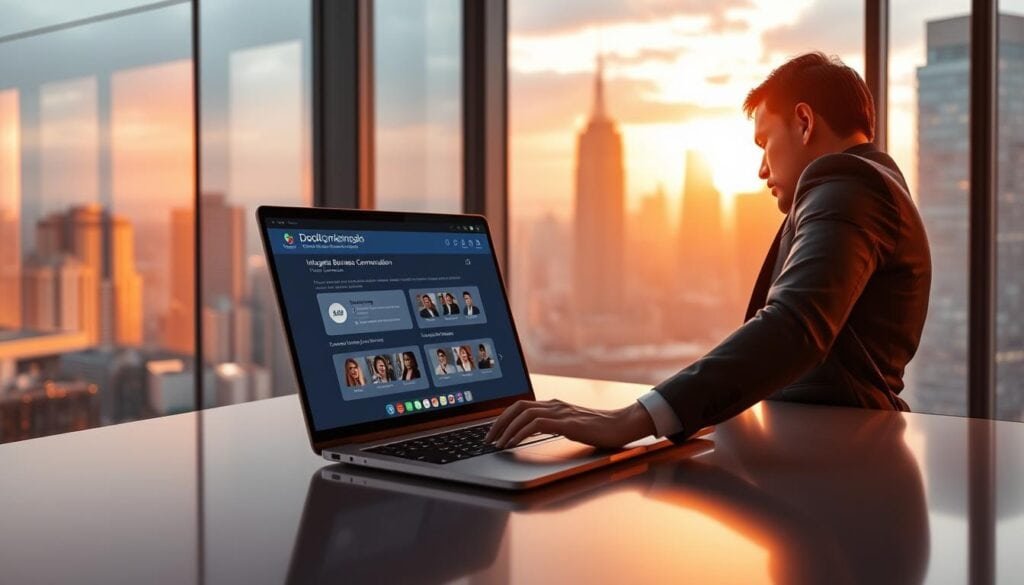Photorealistic modern office interior with a large window overlooking a bustling city skyline. Warm, cinematic lighting illuminates a sleek, minimalist desk featuring a Duolingo app running on a high-end laptop. The screen displays integrated business communication features like collaborative writing tools, video conferencing, and multilingual translation. A professional, well-dressed executive leans in, engrossed in the app's seamless workflow optimized for international teams. The atmosphere is one of efficiency, productivity, and global connectivity. 8k, photorealistic.