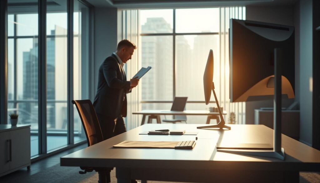 Photorealistic modern office interior with a well-lit standing desk setup in the foreground. A businessperson is leaning on the desk, examining documents, while an ergonomic chair and adjustable monitor stand are visible. The background features clean, minimalist decor and large windows allowing natural light to pour in, creating a bright, airy atmosphere. Cinematic 8k lighting accentuates the practical tips and benefits of transitioning to a standing work environment. Photorealistic modern office interior with a well-lit standing desk setup in the foreground. A businessperson is leaning on the desk, examining documents, while an ergonomic chair and adjustable monitor stand are visible. The background features clean, minimalist decor and large windows allowing natural light to pour in, creating a bright, airy atmosphere. Cinematic 8k lighting accentuates the practical tips and benefits of transitioning to a standing work environment.