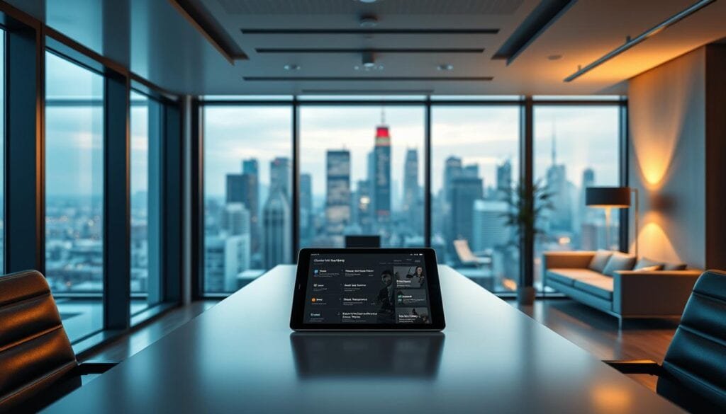 Photorealistic modern office interior with cinematic lighting and sleek, minimalist furniture. Tablet device on a minimalist desk, displaying a seamless responsive web design interface with clean typography and intuitive user experience. Warm, soft lighting casts gentle shadows, creating a professional, productive atmosphere. Large windows offer a panoramic view of a city skyline in the background, blurring the lines between digital and physical spaces. Crisp, high-resolution 8k rendering capturing every detail. Photorealistic modern office interior with cinematic lighting and sleek, minimalist furniture. Tablet device on a minimalist desk, displaying a seamless responsive web design interface with clean typography and intuitive user experience. Warm, soft lighting casts gentle shadows, creating a professional, productive atmosphere. Large windows offer a panoramic view of a city skyline in the background, blurring the lines between digital and physical spaces. Crisp, high-resolution 8k rendering capturing every detail.
