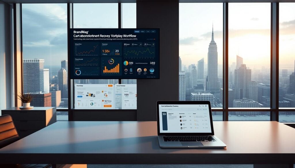Photorealistic modern office scene with a cinematic lighting setup. In the foreground, a sleek and minimalist desk with a laptop and tablet, showcasing a well-designed cart abandonment recovery workflow dashboard for the BrandMag e-commerce platform. The middle ground features a large wall-mounted screen displaying data visualizations and marketing automation insights. In the background, a panoramic window offers a view of a bustling city skyline, conveying a sense of professionalism and productivity. The overall mood is one of efficiency, optimization, and a data-driven approach to improving customer engagement and conversions. 8k resolution. Photorealistic modern office scene with a cinematic lighting setup. In the foreground, a sleek and minimalist desk with a laptop and tablet, showcasing a well-designed cart abandonment recovery workflow dashboard for the BrandMag e-commerce platform. The middle ground features a large wall-mounted screen displaying data visualizations and marketing automation insights. In the background, a panoramic window offers a view of a bustling city skyline, conveying a sense of professionalism and productivity. The overall mood is one of efficiency, optimization, and a data-driven approach to improving customer engagement and conversions. 8k resolution.