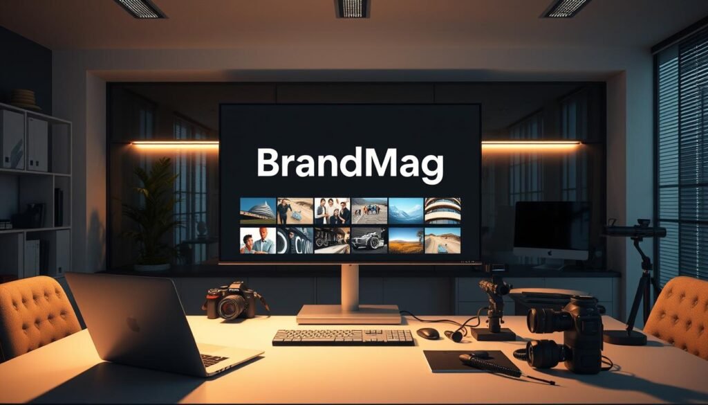 Photorealistic modern office scene with cinematic lighting and subtle branding. A large monitor displays the "BrandMag" logo, showcasing a series of visually optimized images for visual search. The desk is meticulously organized, with a sleek laptop, a professional camera, and various photography equipment. Soft shadows and highlights create a sense of depth and atmosphere, drawing the viewer's attention to the central display. The overall mood is one of efficiency, professionalism, and a focus on visual optimization for search engines. Shot in 8k resolution for maximum detail and clarity.