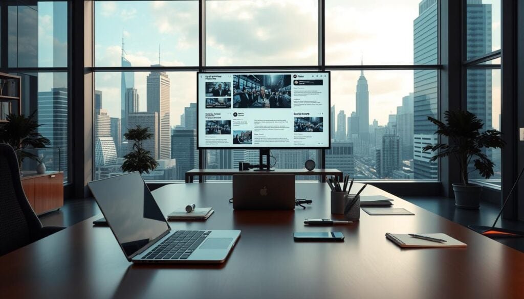 Photorealistic modern office scene with cinematic lighting. In the foreground, a sleek workspace with a laptop, stylus, and various office supplies arranged neatly. In the middle ground, a large display screen showcases a selection of news articles and verification tools. The background features floor-to-ceiling windows overlooking a bustling city skyline, imbuing the scene with an air of professionalism and authority. The overall mood is one of focused analysis and diligent source verification, captured in high-resolution 8k detail. Photorealistic modern office scene with cinematic lighting. In the foreground, a sleek workspace with a laptop, stylus, and various office supplies arranged neatly. In the middle ground, a large display screen showcases a selection of news articles and verification tools. The background features floor-to-ceiling windows overlooking a bustling city skyline, imbuing the scene with an air of professionalism and authority. The overall mood is one of focused analysis and diligent source verification, captured in high-resolution 8k detail.