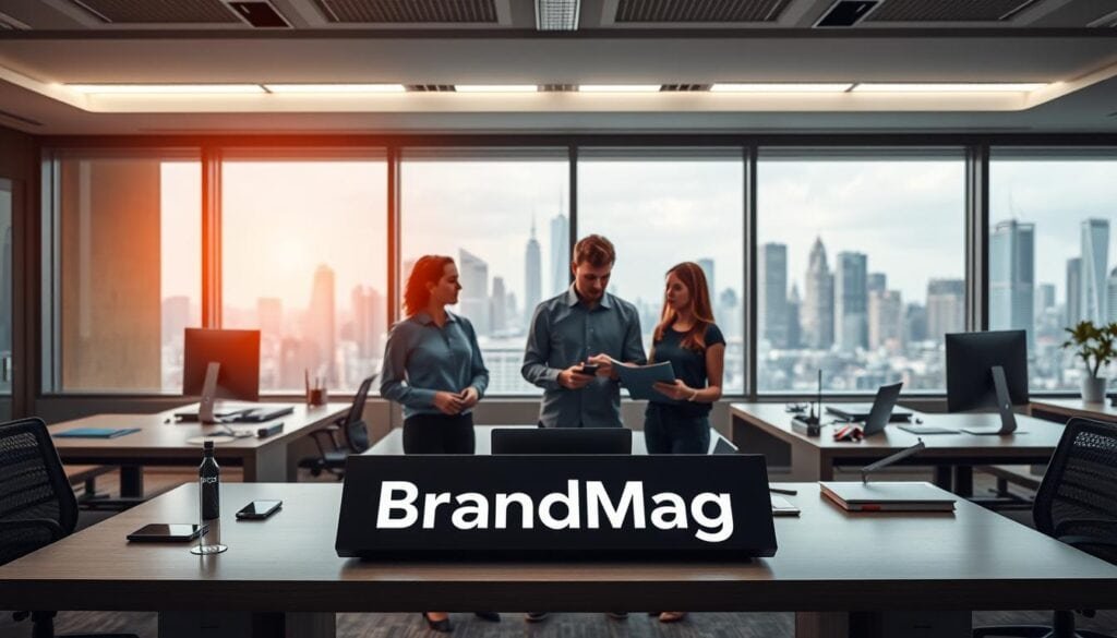Photorealistic modern office scene with cinematic lighting. Sleek, minimalist workspaces, with a focus on mobile devices and digital displays. In the foreground, a desk featuring the "BrandMag" logo, surrounded by various mobile advertising tactics such as smartphones, tablets, and a laptop. In the middle ground, colleagues collaborating on a mobile marketing strategy, their expressions engaged and thoughtful. The background showcases a panoramic city skyline, symbolizing the global reach of mobile advertising. The scene conveys a sense of innovation, efficiency, and the power of leveraging mobile platforms for effective marketing campaigns. 8k resolution. Photorealistic modern office scene with cinematic lighting. Sleek, minimalist workspaces, with a focus on mobile devices and digital displays. In the foreground, a desk featuring the "BrandMag" logo, surrounded by various mobile advertising tactics such as smartphones, tablets, and a laptop. In the middle ground, colleagues collaborating on a mobile marketing strategy, their expressions engaged and thoughtful. The background showcases a panoramic city skyline, symbolizing the global reach of mobile advertising. The scene conveys a sense of innovation, efficiency, and the power of leveraging mobile platforms for effective marketing campaigns. 8k resolution.