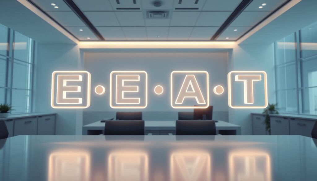 Photorealistic modern office setting, clean and minimalist design. Four interconnected glowing elements floating in a cinematic lighting setup - Expertise, Experience, Authoritativeness, and Trustworthiness. Crisp details, precise shapes, and a sense of balance and harmony convey the E-E-A-T framework for journalistic credibility. Subtle reflections on a polished surface add depth and realism. Cinematic 8K resolution for maximum visual impact. Photorealistic modern office setting, clean and minimalist design. Four interconnected glowing elements floating in a cinematic lighting setup - Expertise, Experience, Authoritativeness, and Trustworthiness. Crisp details, precise shapes, and a sense of balance and harmony convey the E-E-A-T framework for journalistic credibility. Subtle reflections on a polished surface add depth and realism. Cinematic 8K resolution for maximum visual impact.